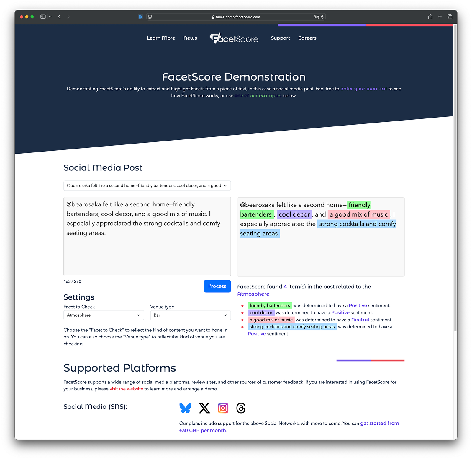 FacetScore Demonstration website, showing the highlighted Facets.